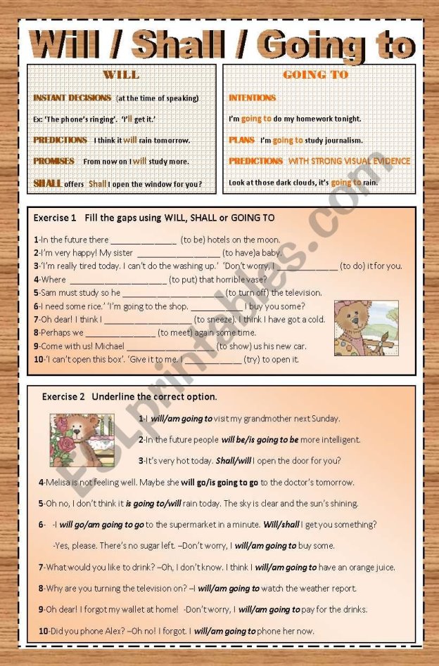 WILL/SHALL/GOING TO - ESL worksheet by traute
